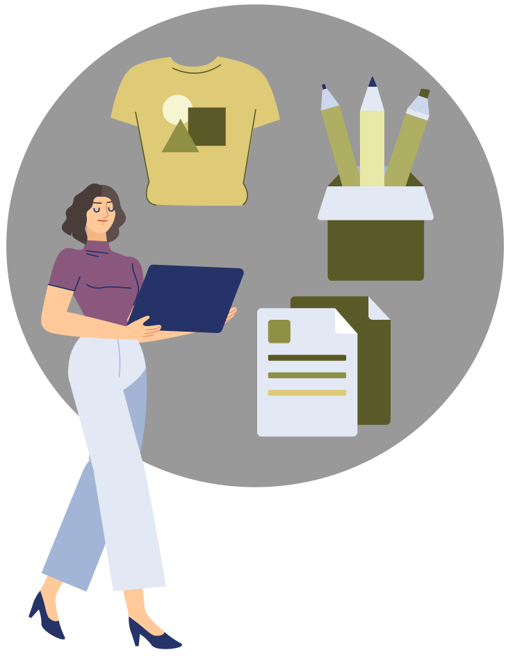 Woman looking at a computer surrounded by images of a printed t-shirt, a box of drafting supplies, and printed documents